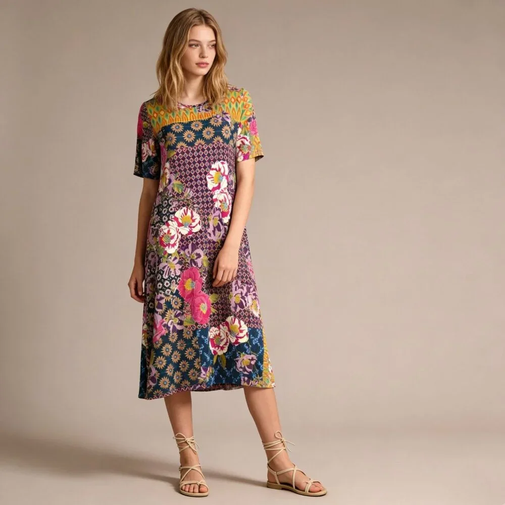 Johnny Was Maggie Multi-Pattern Floral Stretchy Swing Midi Dress Size XS - Picture 1 of 12